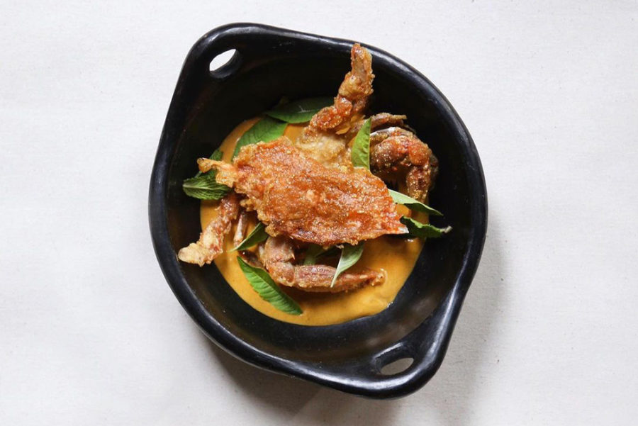 Softshell crab and yellow mole from Cosme in NYC.