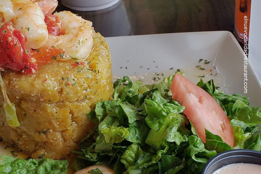Mofongo al ajillo with shrimp from Nuevo Caridad restaurant in NYC.