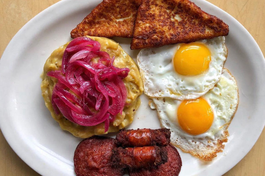 Mangu, eggs, queso, and chorizo from Puerto Viejo in NYC.